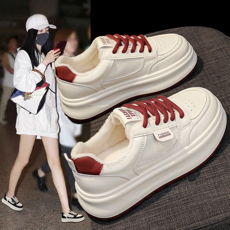 Two Cotton Shoes Women'S Fleece-Lined Panda Board Shoes White Shoes 34 Yards Thick Bottom Height Casual Shoes - Image 4